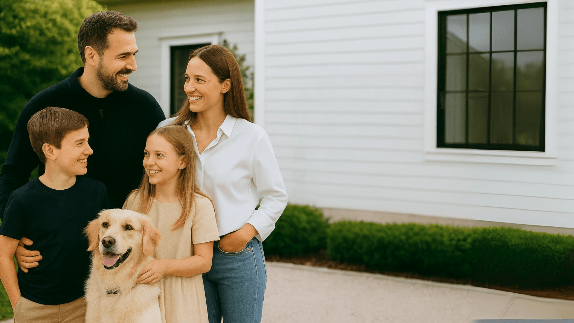 En mann og en dame med to barn og en hund som står forran et hvitt hus